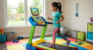 Young girl using a brightly colored treadmill for kids under 12 during an indoor fitness workout.