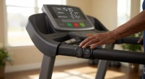 Integrated quick-touch speed and incline controls built into the handrails of a senior treadmill
