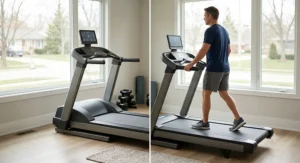 Adult male walking comfortably on a heavy-duty treadmill with low step up height for safe home exercise