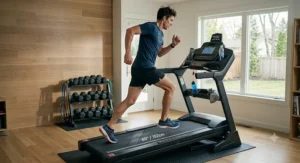 Athlete sprinting at an incline on a heavy-duty treadmill with a 60-inch running belt.
