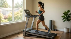 A petite woman exercising on an incline treadmill with proper posture and stride length.