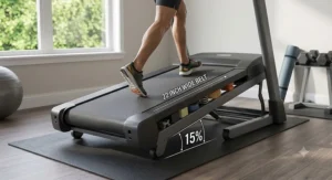 Motorized treadmill elevated on incline with a durable 22 inch wide belt for incline training.