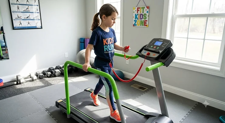 Young child exercising safely on a kids treadmill with handrails and a safety key in a home gym.