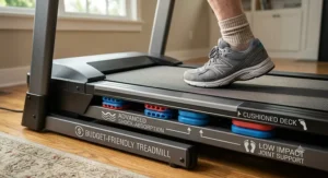 Detailed view of the shock-absorption cushioned deck on a budget-friendly walking treadmill for seniors.