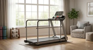 Low-profile walking treadmill with wide belt and long side safety rails for senior fall prevention.