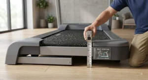 Illustration showing a low step-on treadmill deck height with minimal distance from the floor, designed for senior mobility.