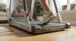 Close-up view of a low-profile walking treadmill deck designed for easy step-up access for seniors with limited mobility.