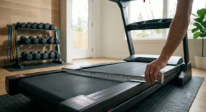 A tape measure demonstrating the exact 60-inch deck length on a commercial treadmill belt.
