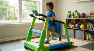 Child running on a non-electric manual treadmill designed for kids fitness.