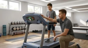 Parent setting safety controls on a youth treadmill with speed limiter for a teenager