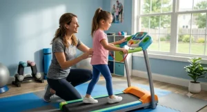 Parent supervising a young child exercising on a kid-friendly treadmill at home.