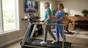 Physical therapist assisting a senior patient walking on a medical treadmills with extra side rails.