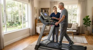 Physical therapist assisting an elderly beginner walking on a cushioned low speed treadmill with sturdy rails.