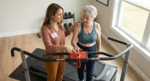 Physical therapist demonstrating how to activate the treadmill emergency stop button to an elderly patient.