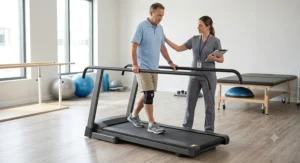 Person in physical rehabilitation walking on a treadmill with low step up height and full-length handrails