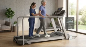 Physical therapist supporting a senior patient walking on a low step-on height treadmill during rehabilitation exercise.