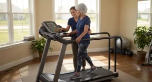 Senior recovering mobility using a senior-friendly treadmill with handrails during rehabilitation exercise