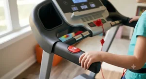 Padded handrails and prominent red quick-stop button on a safe treadmill designed for children's home fitness.
