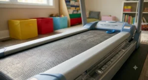 Textured non-slip running belt and enclosed side rails on a child's safety treadmill featuring auto-stop protection.