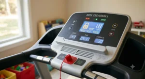 Digital console showing low-speed settings and child-lock indicators on a safe treadmill for kids with auto shut-off.