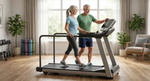 Active senior couple working out safely at home using a treadmill with full-length side safety rails.