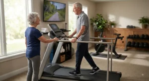 Senior couple staying active using a walking treadmill equipped with extended safety side rails.