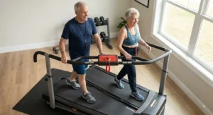 Senior couple walking together on a treadmill featuring sturdy handrails and an emergency stop button.