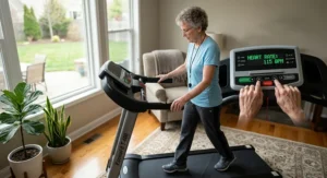 Older adult tracking heart rate on pulse grip handlebars of a treadmill under $500