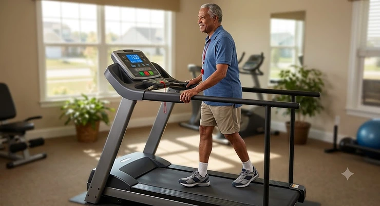 Senior man walking safely on a senior-friendly treadmill with full-length handrails and low step-up deck