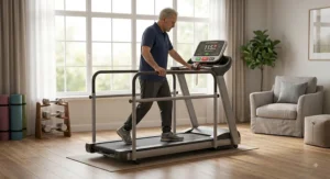 Senior man monitoring his heart rate while holding the sturdy safety rails on a senior-friendly treadmill.
