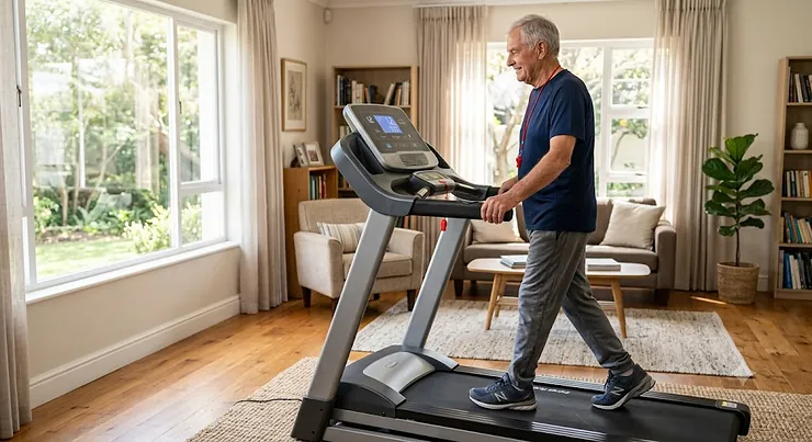 Senior man walking safely at a slow pace on a low speed treadmill for elderly beginners in a bright living room.