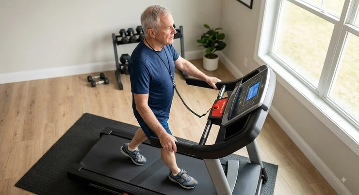 Senior man walking on a treadmill equipped with an easy-to-reach emergency stop button and safety clip. treadmill with emergency stop button for elderly users