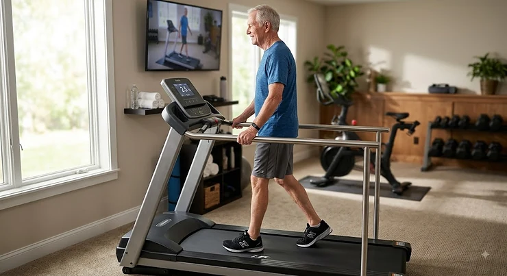 Senior man walking safely on a treadmill with extra side rails in a home gym.