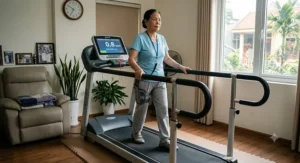 Older adult doing gentle post-surgery hip rehabilitation exercise on a home treadmill with supportive side rails.