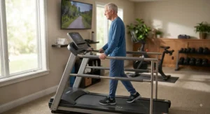 Older adult practicing gait training on a senior rehabilitation treadmill with extended side support rails.