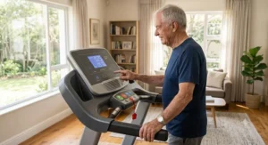 Older adult checking walking distance and heart rate on a low speed treadmill screen built for elderly beginners.