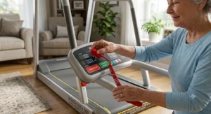 Close-up of a senior attaching an automatic safety stop clip while setting up a walking treadmill.