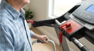 Elderly walker wearing a safety lanyard connected to a treadmill emergency stop button clip.
