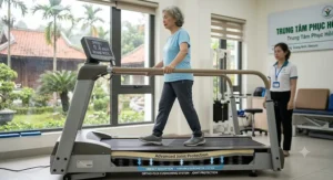 Senior adult walking on a heavily cushioned treadmill belt designed to reduce knee and hip joint impact after orthopedic surgery.