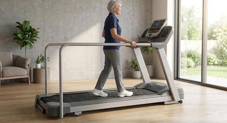 An older adult walking safely on a treadmill featuring an easy step-on height and continuous full-length safety rails.