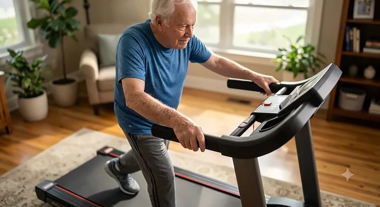 Close-up of an elderly man holding full-length safety handrails while walking on a low-cost treadmill. treadmill for elderly under $600