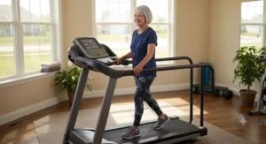 Active older woman walking confidently on a senior-friendly treadmill with secure handrails at home