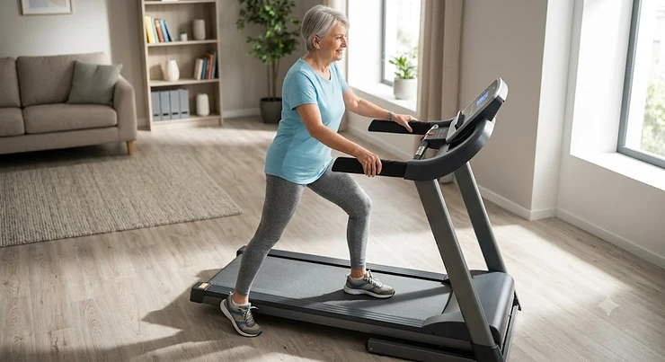 Senior woman safely stepping onto a treadmill with low step up height and sturdy side handrails