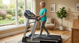 Active senior woman holding sturdy handrails while walking on an affordable treadmill