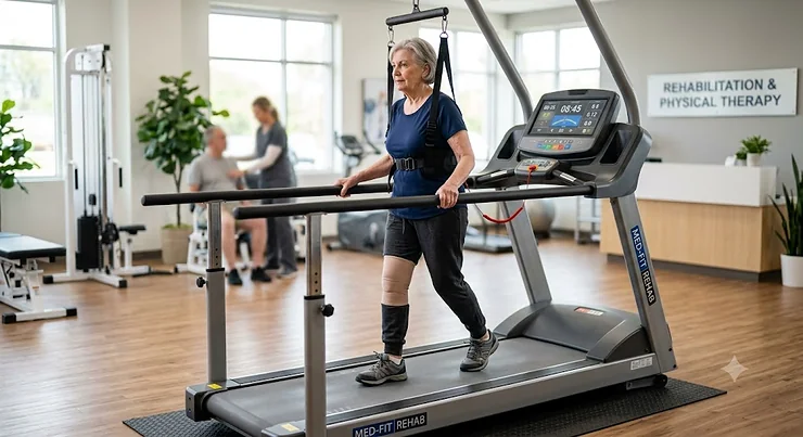 Senior woman recovering from surgery walking carefully on a medical treadmill with full-length handrails and safety harness.