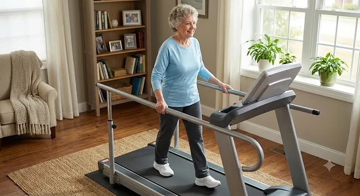 Senior woman safely walking on a low-speed home treadmill using full-length supportive handrails. walking treadmill for elderly