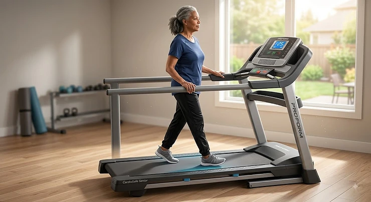 Senior woman walking safely on a home treadmill with large safety rails and low step-up deck. treadmill with large safety rails for seniors
