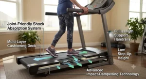 Diagram highlighting joint-friendly deck cushioning on a senior-friendly treadmill with support handrails