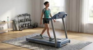 Teenager exercising on a youth treadmill with speed limiter during an indoor workout