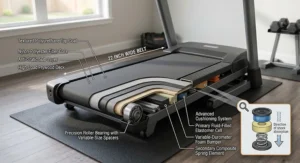Diagram showing multi-layer shock absorption cushioning beneath a 22 inch wide treadmill belt.